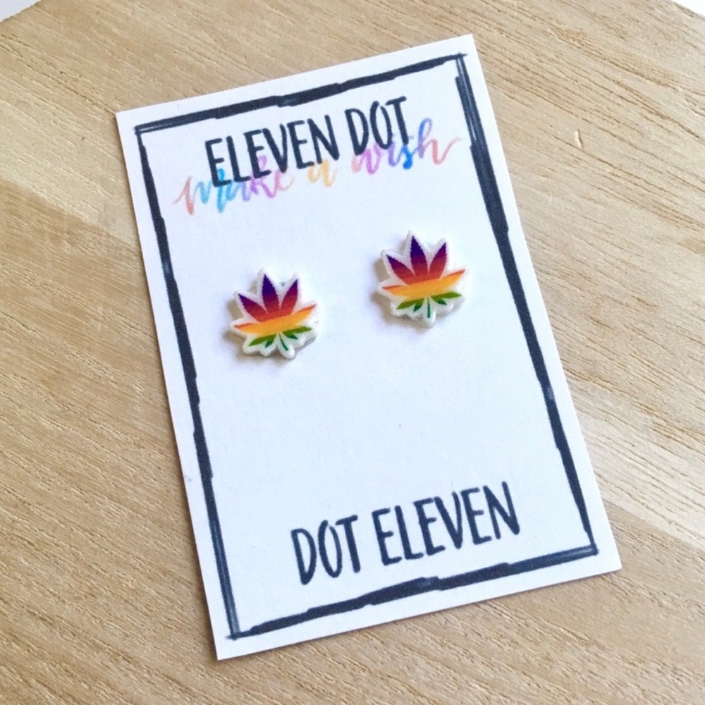 Rainbow Pot Leaf Stud Earrings